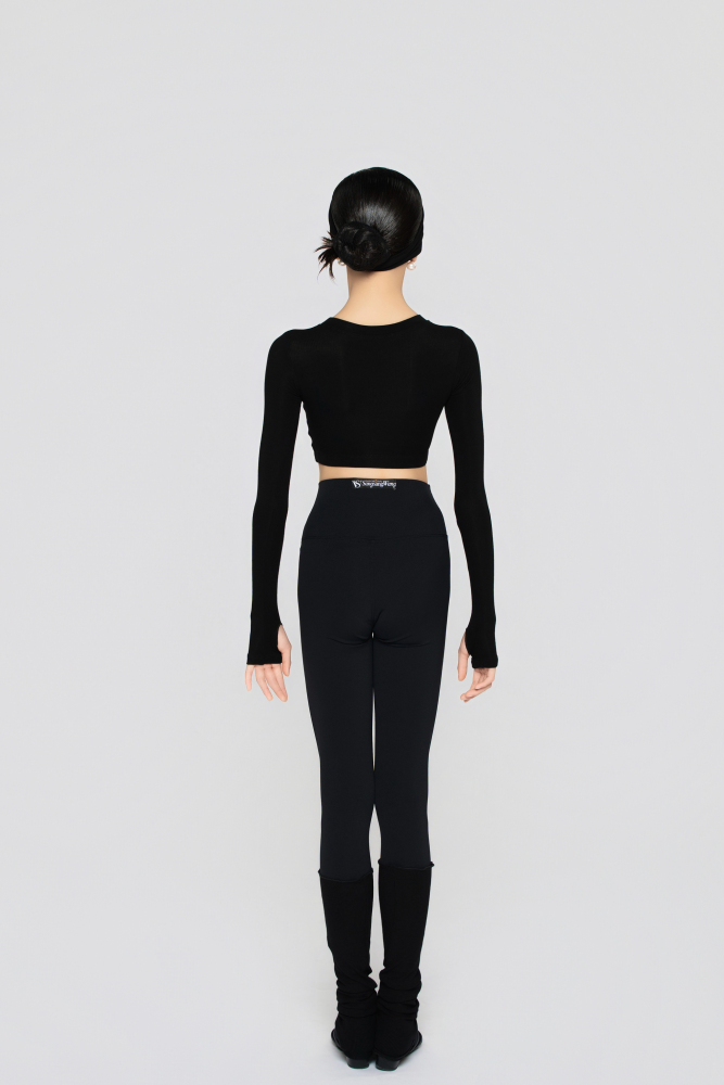 Girls' Fine Ribbed Long-Sleeve Cropped Top(Black)#251205