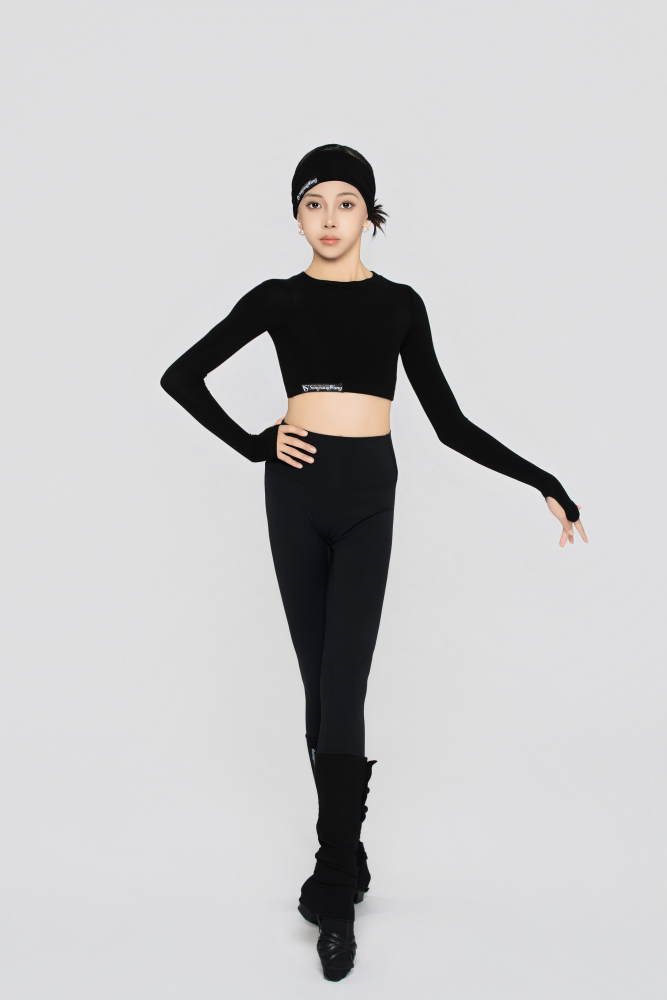 Girls' Fine Ribbed Long-Sleeve Cropped Top(Black)#251205