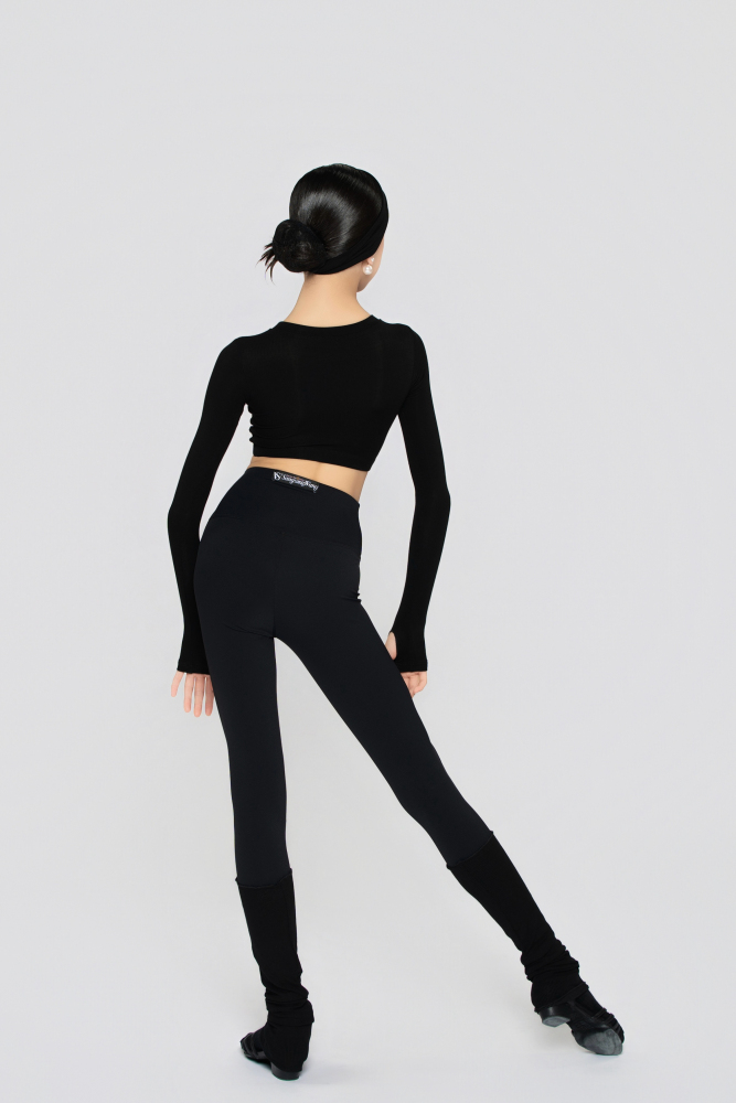 Girls' Fine Ribbed Long-Sleeve Cropped Top(Black)#251205