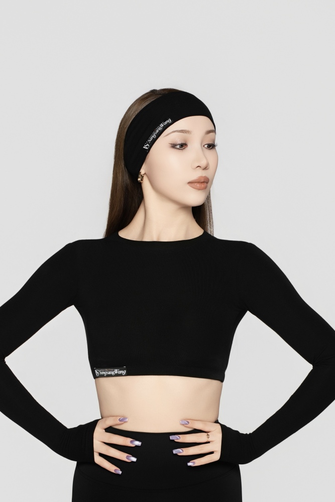 Women's Fine Ribbed Long-Sleeve Cropped Top(Black)#251201