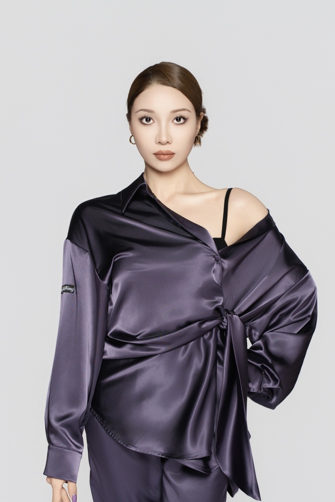 Women's Silk Tie-front Reversible Blouse (Quiet Purple)#251212