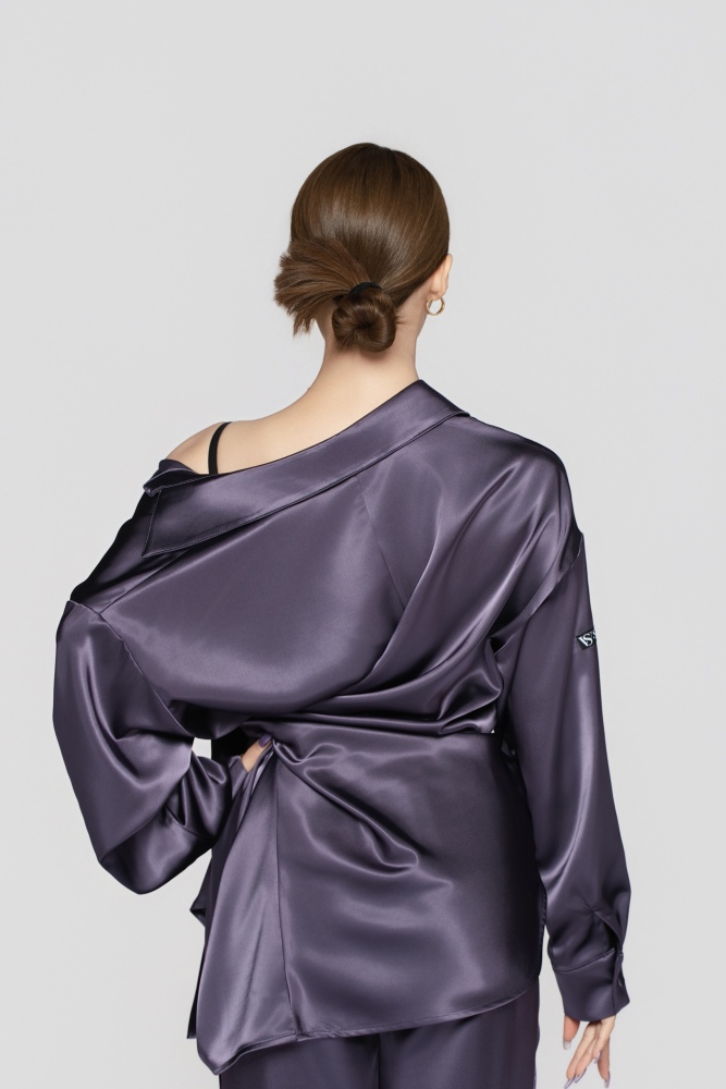 Women's Silk Tie-front Reversible Blouse (Quiet Purple)#251212