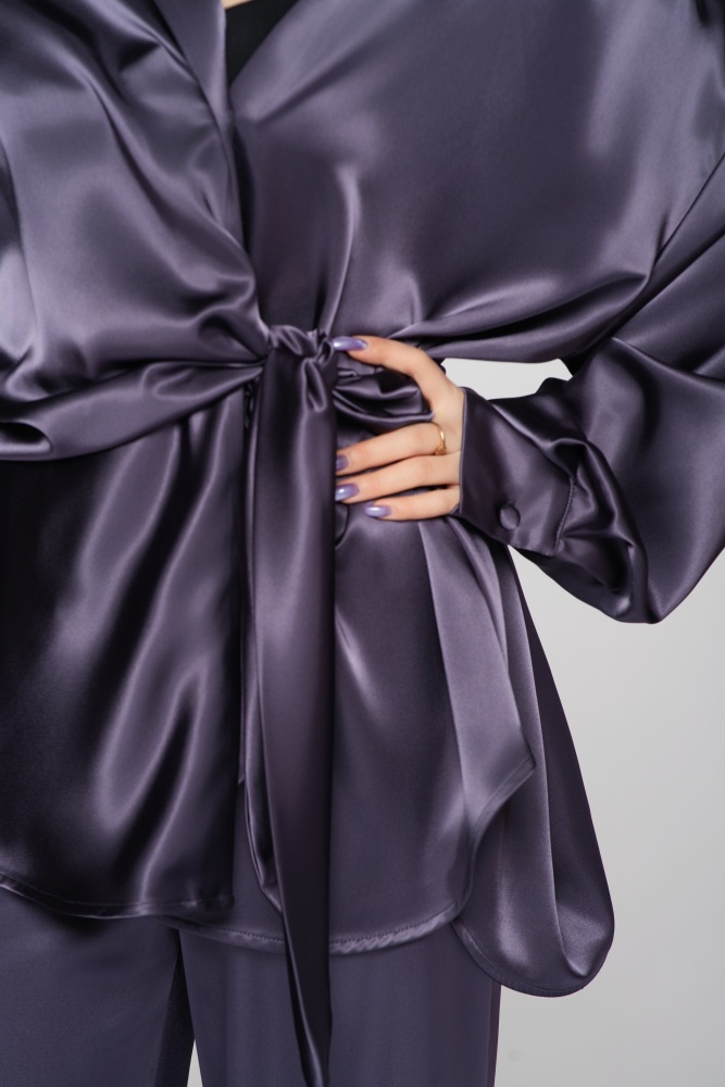 Women's Silk Tie-front Reversible Blouse (Quiet Purple)#251212