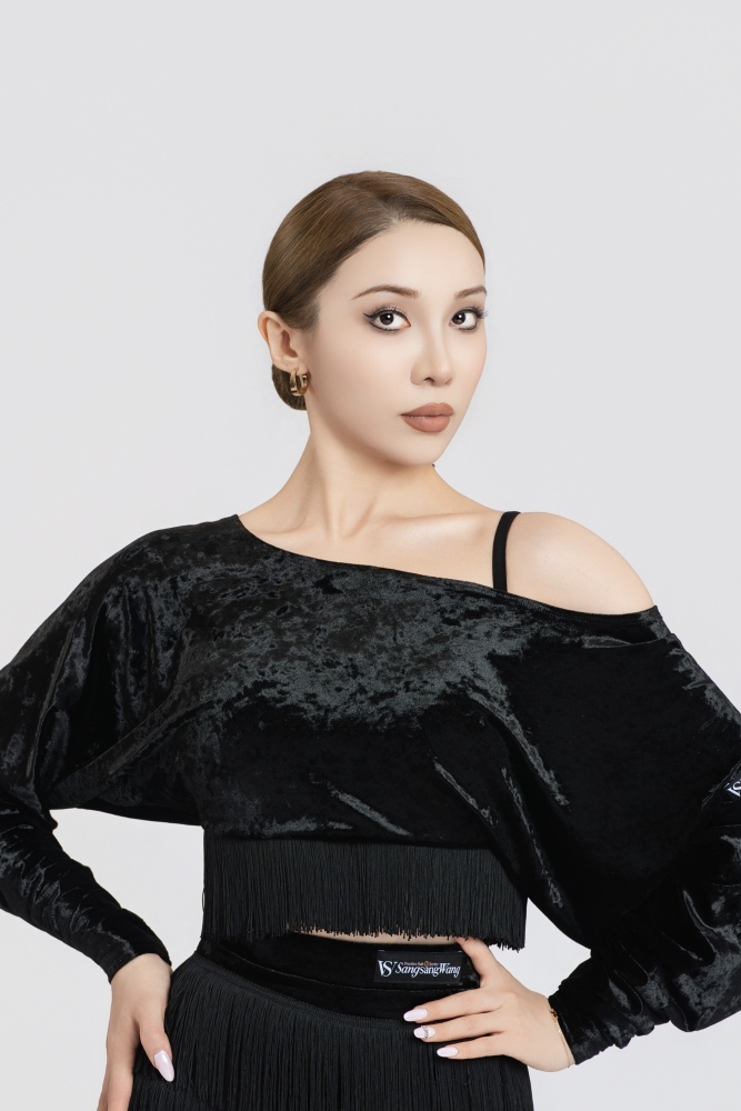 Batwing Sleeve Fringe Diamond Velvet Short Top(Blue)#251226