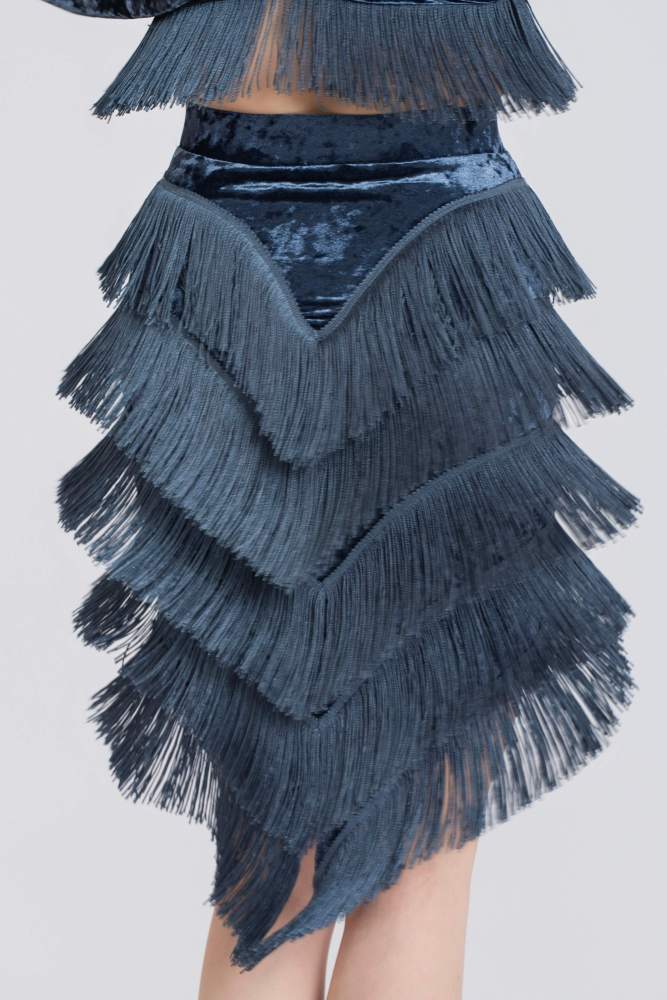 Stretchy Fringe Diamond Velvet Mermaid Skirt(Blue)#251227