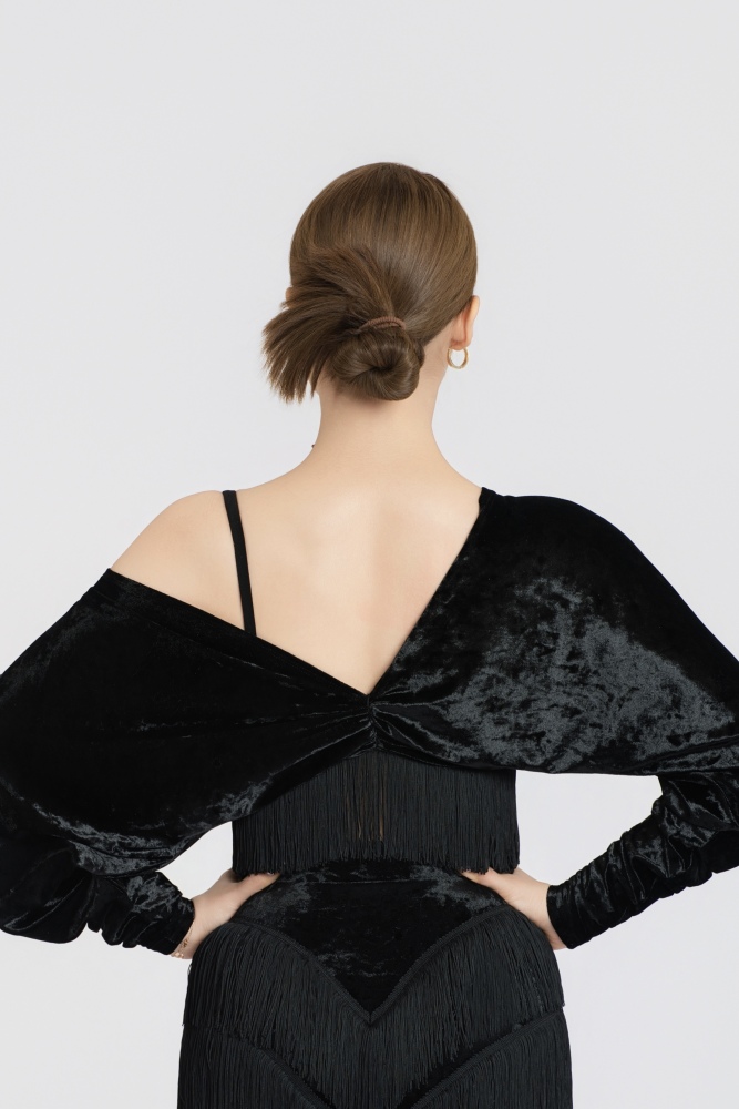 Batwing Sleeve Fringe Diamond Velvet Short Top(Blue)#251226