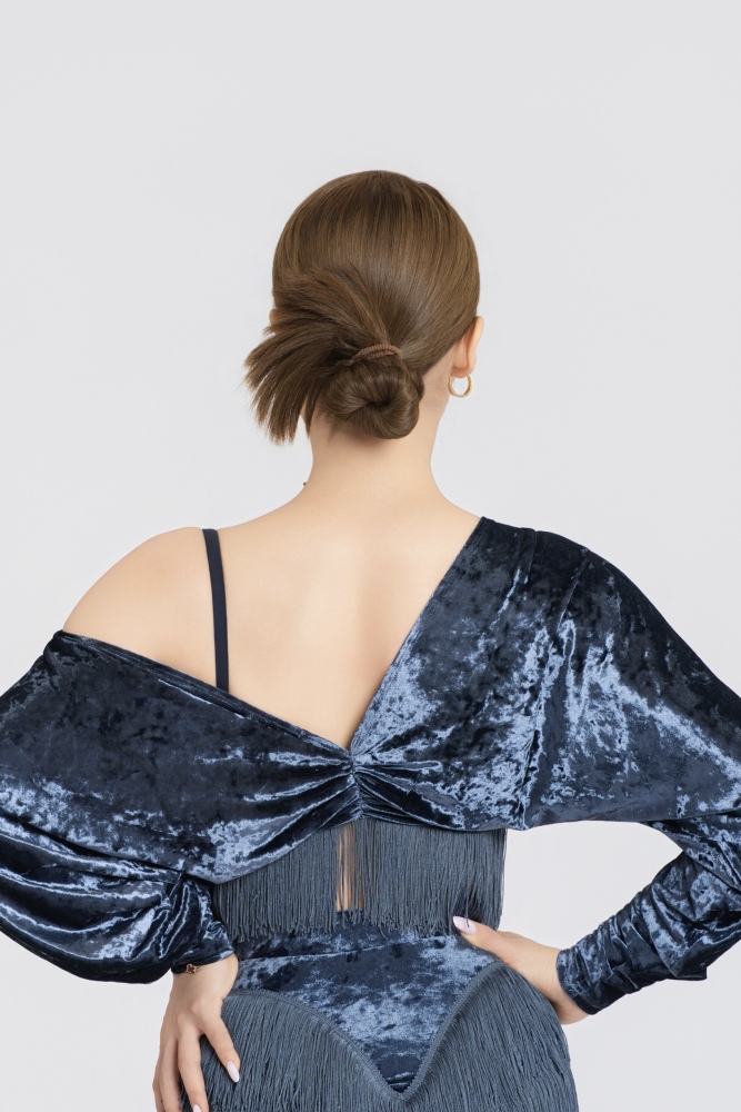 Batwing Sleeve Fringe Diamond Velvet Short Top(Blue)#251226