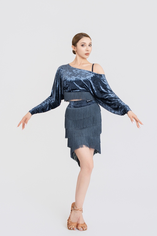 Batwing Sleeve Fringe Diamond Velvet Short Top(Blue)#251226