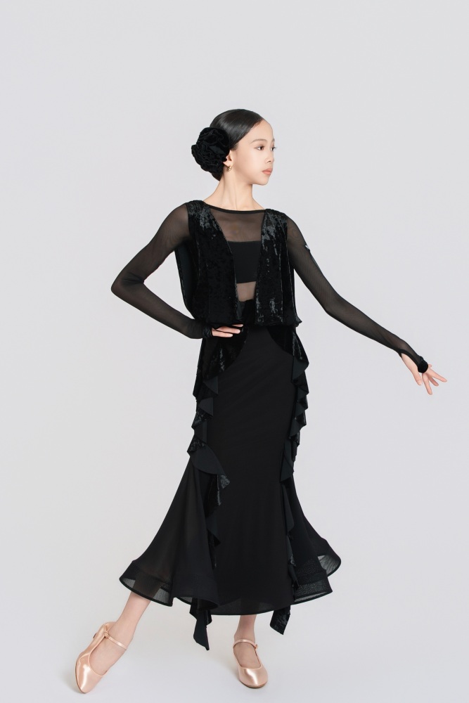 Mesh & Diamond Velvet Fringe Long-Sleeve Leotard (Includes Two Hair Flowers / Black)#251241