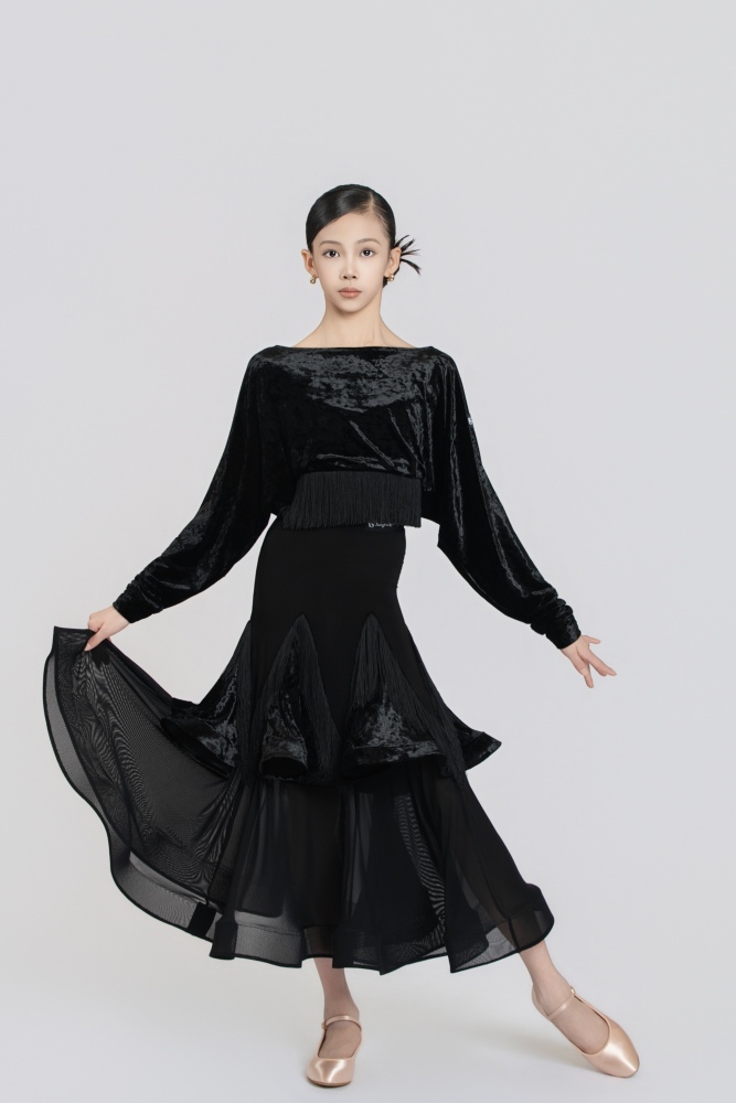 Batwing Sleeve Fringe Diamond Velvet Short Top(Blue)#251232