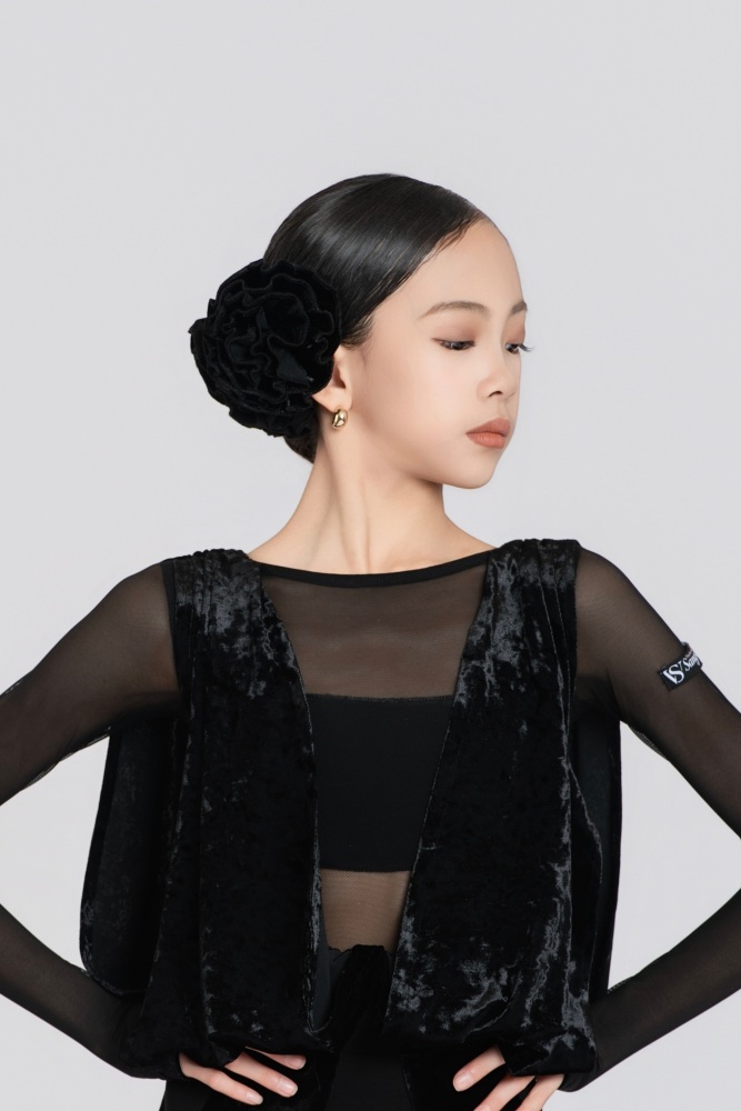 Mesh & Diamond Velvet Fringe Long-Sleeve Leotard (Includes Two Hair Flowers / Black)#251241