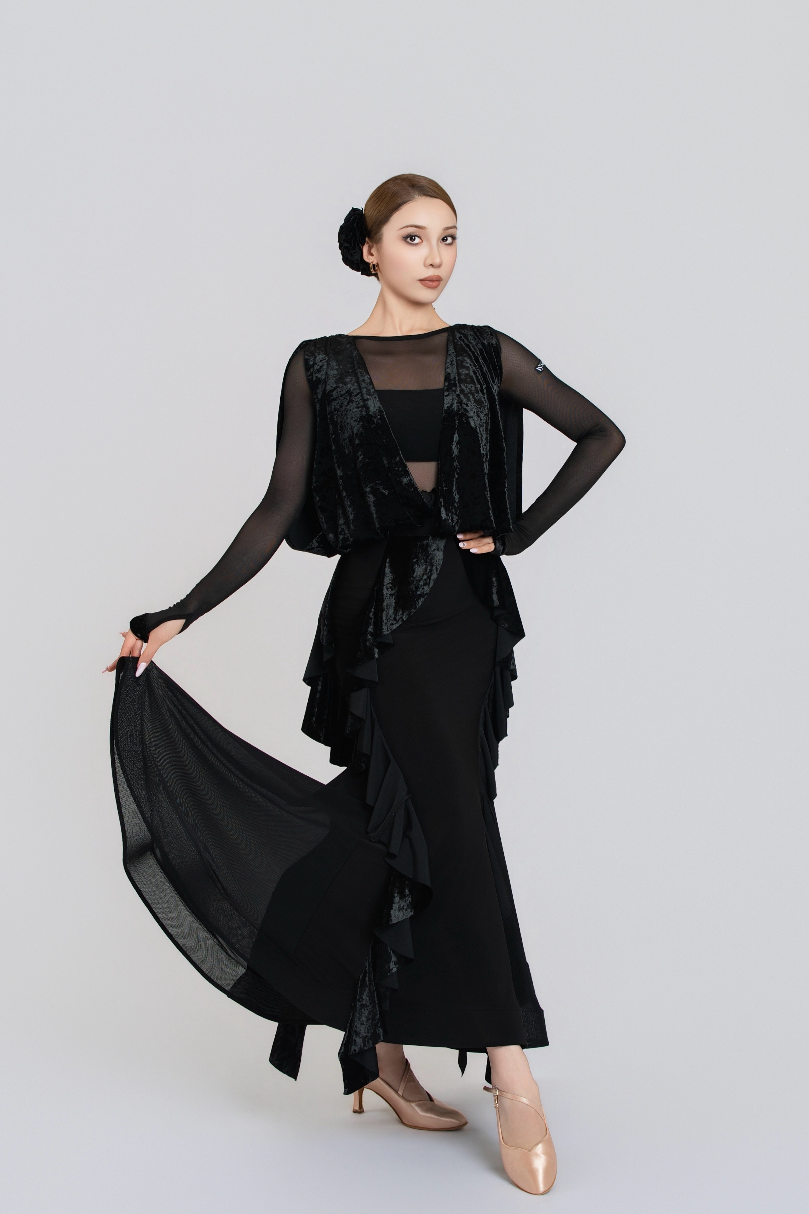 Lace Diamond Velvet Modern Dress(Black)#251237