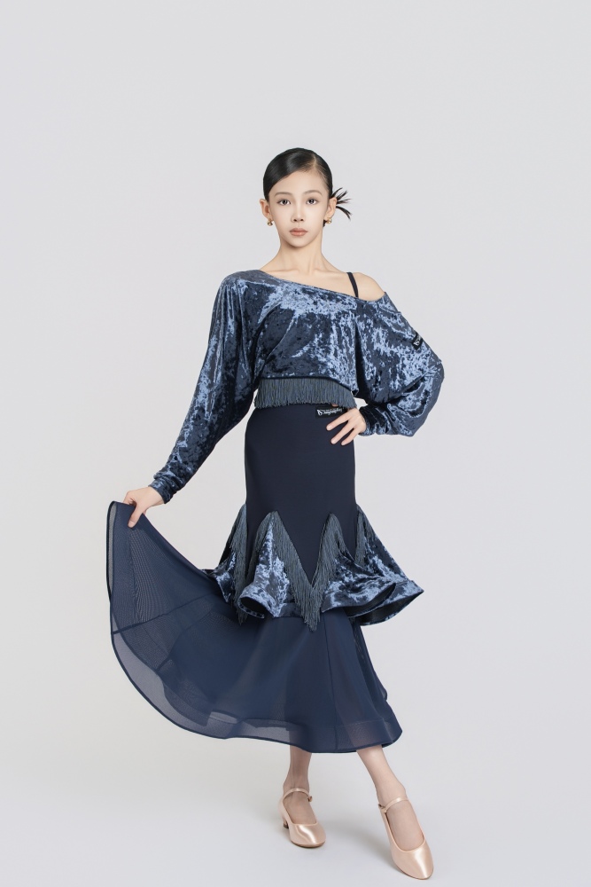 Batwing Sleeve Fringe Diamond Velvet Short Top(Blue)#251232