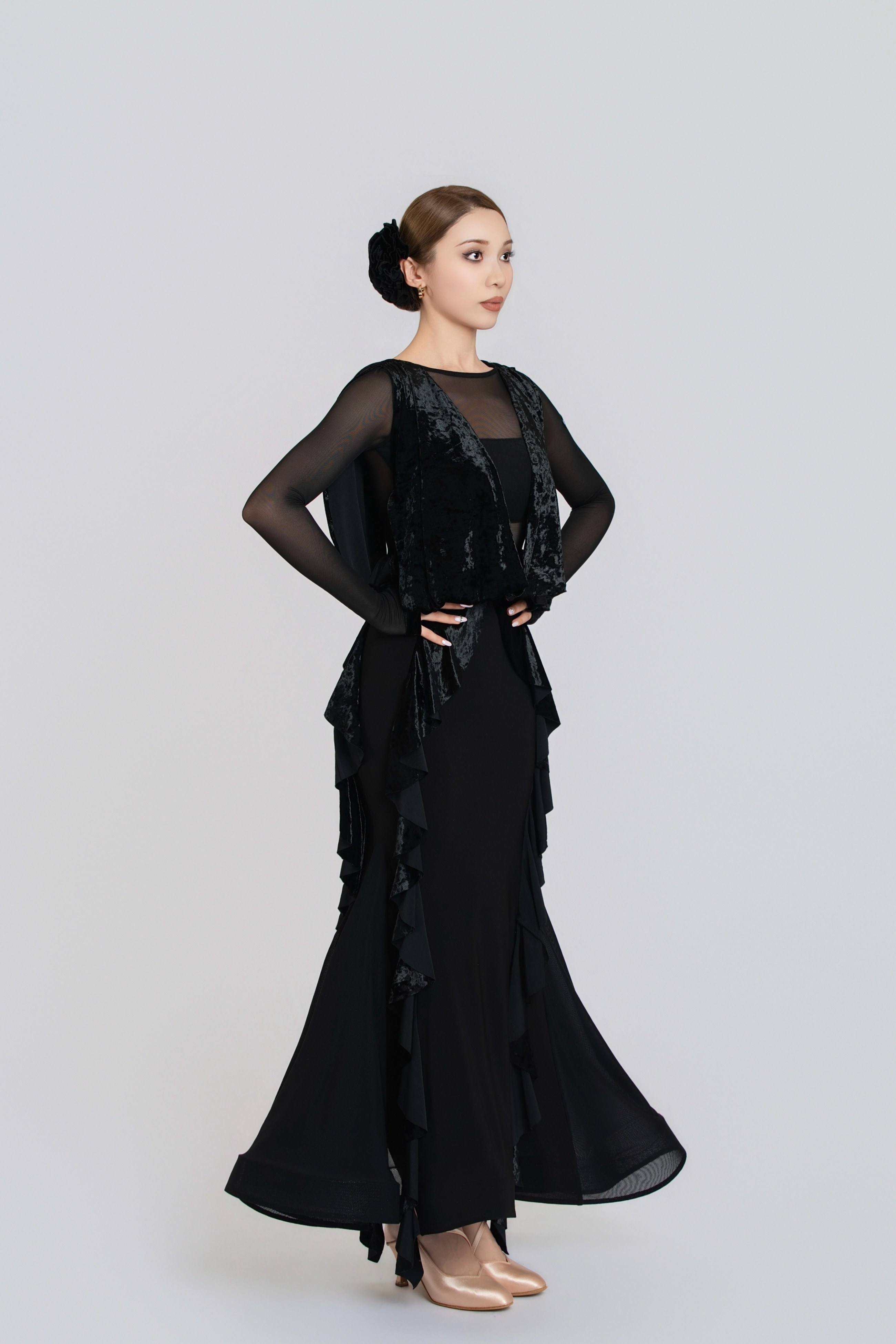 Lace Diamond Velvet Modern Dress(Black)#251237
