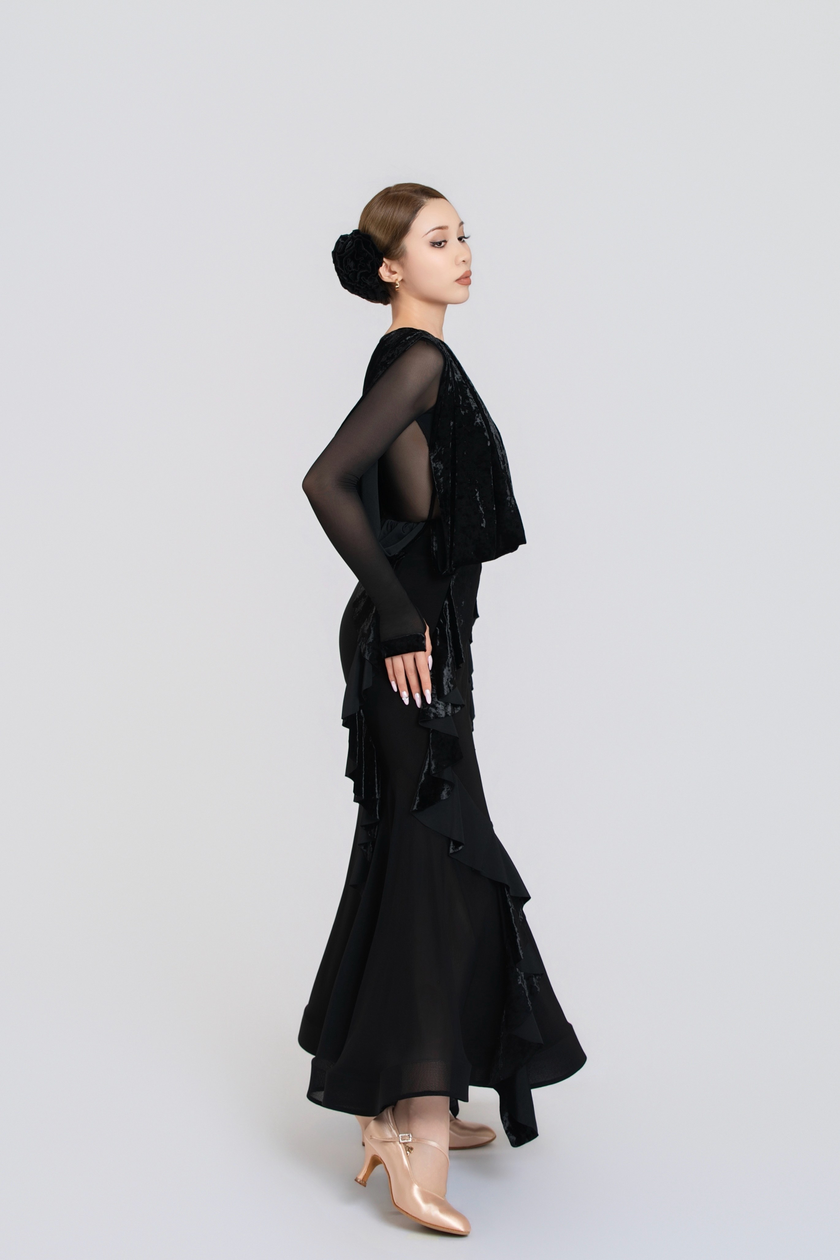 Lace Diamond Velvet Modern Dress(Black)#251237