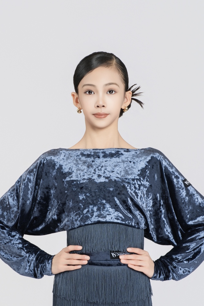 Batwing Sleeve Fringe Diamond Velvet Short Top(Blue)#251232