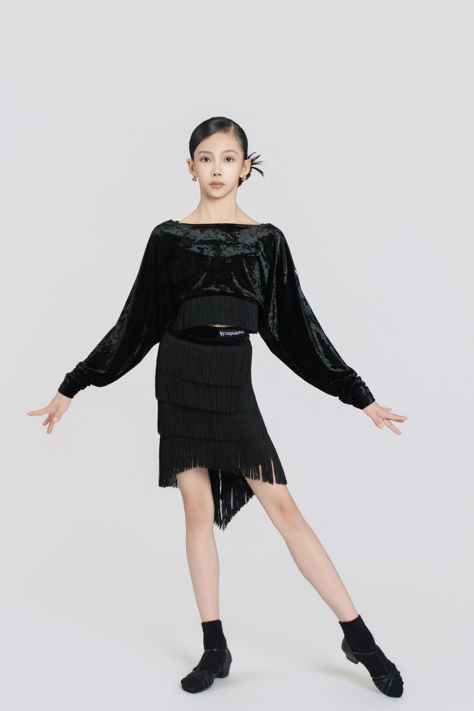 Batwing Sleeve Fringe Diamond Velvet Short Top(Blue)#251232