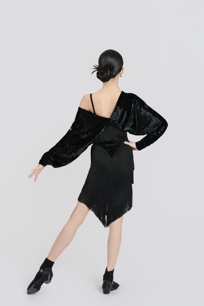 Batwing Sleeve Fringe Diamond Velvet Short Top(Blue)#251232