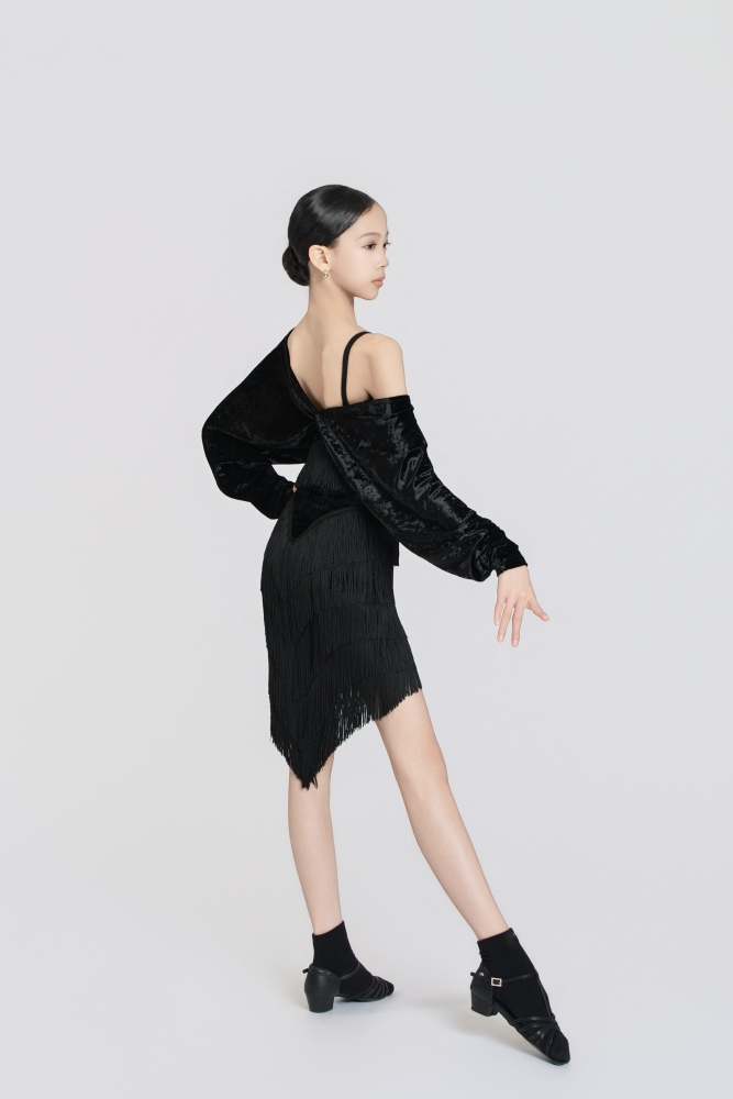 Batwing Sleeve Fringe Diamond Velvet Short Top(Blue)#251232