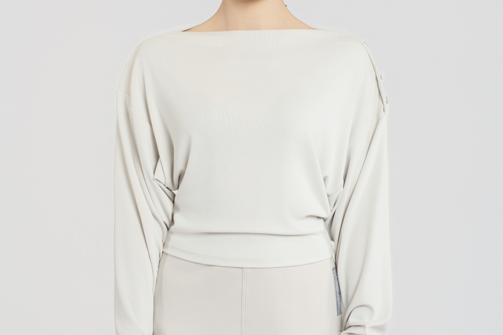 Ultra-comfort Buttoned Off-shoulder Top (Gray-beige)#260101