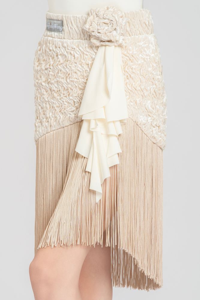 Satin-Gloss Bubble-Fleece Fringe Skirt（Off-White） #260114