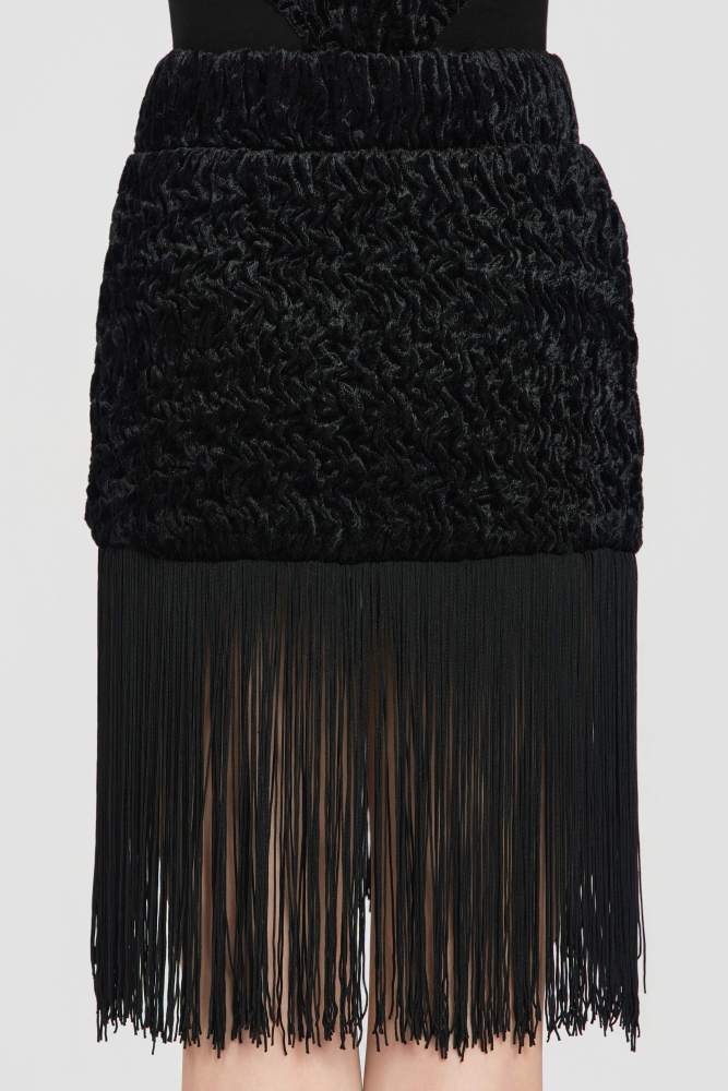 Satin-Gloss Bubble-Fleece Fringe Skirt（Off-White） #260114