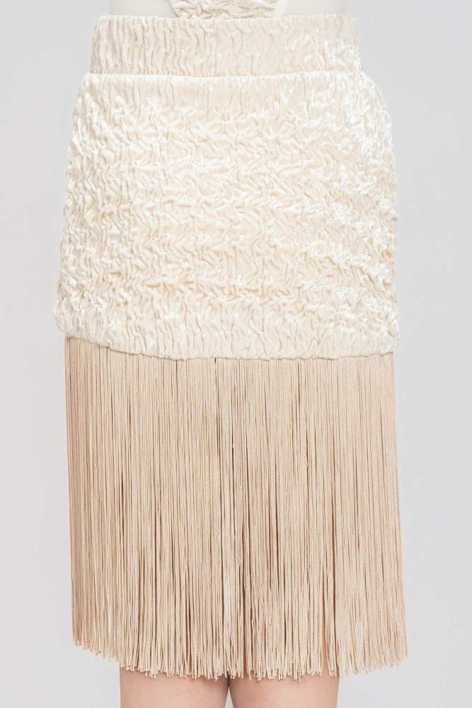 Satin-Gloss Bubble-Fleece Fringe Skirt（Off-White） #260114