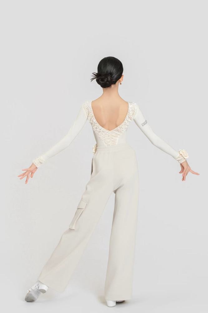 Bubble-Fleece Long Sleeve Backless Bodysuit（Off-White）#260113