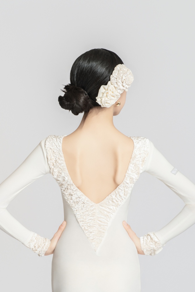 Bubble-Fleece Long Sleeve Backless Bodysuit（Off-White）#260113