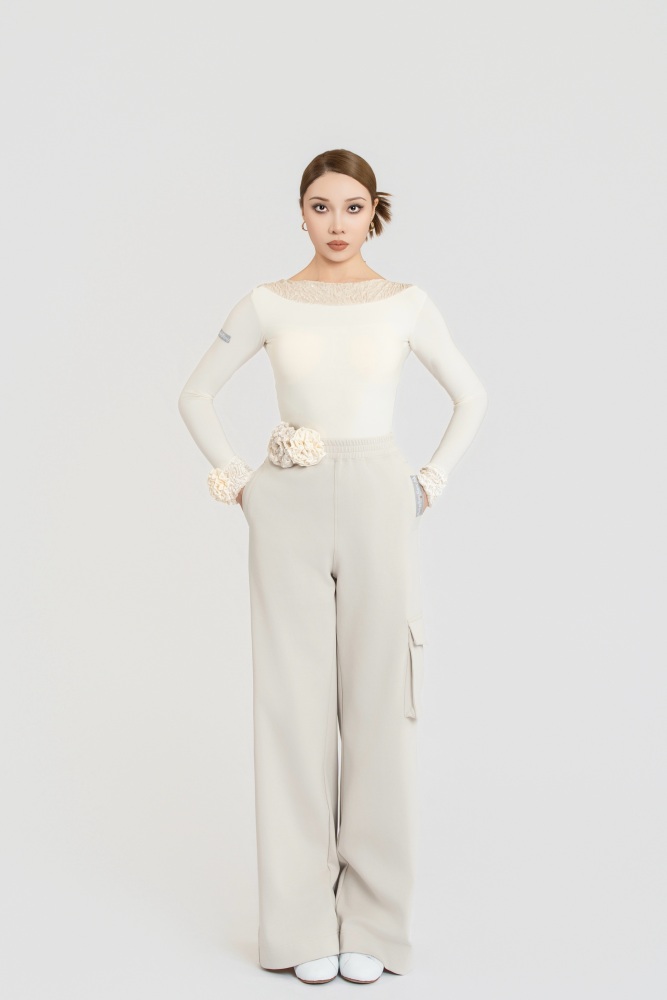 Bubble-Fleece Long Sleeve Backless Bodysuit（Off-White）#260109