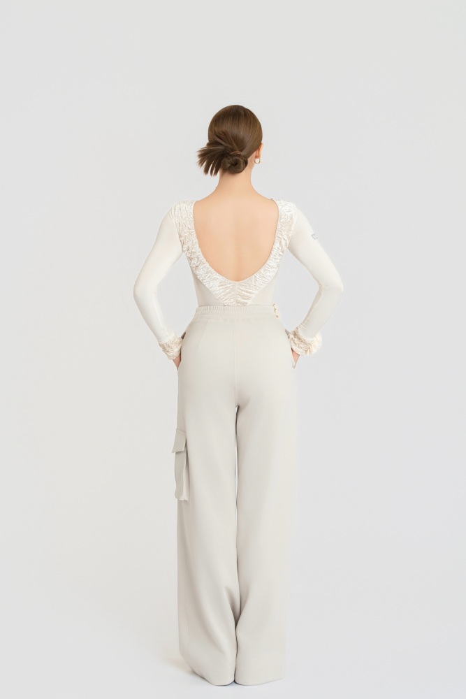Bubble-Fleece Long Sleeve Backless Bodysuit（Off-White）#260109