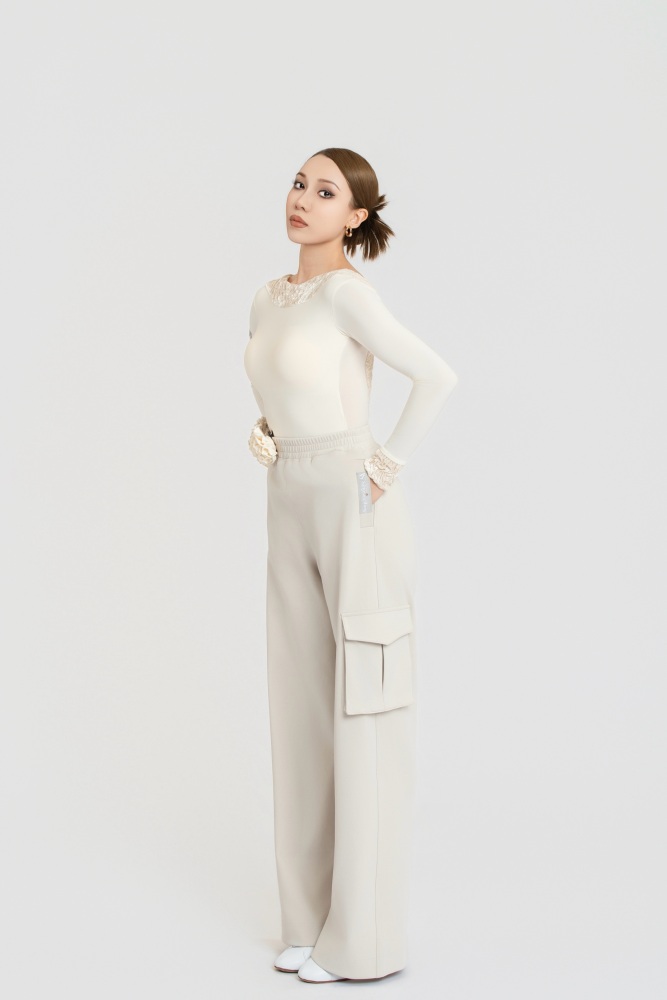Bubble-Fleece Long Sleeve Backless Bodysuit（Off-White）#260109