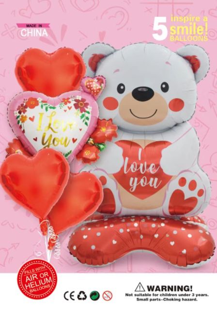 5pcs Foil Balloon Set - Holding Heart Bear, White