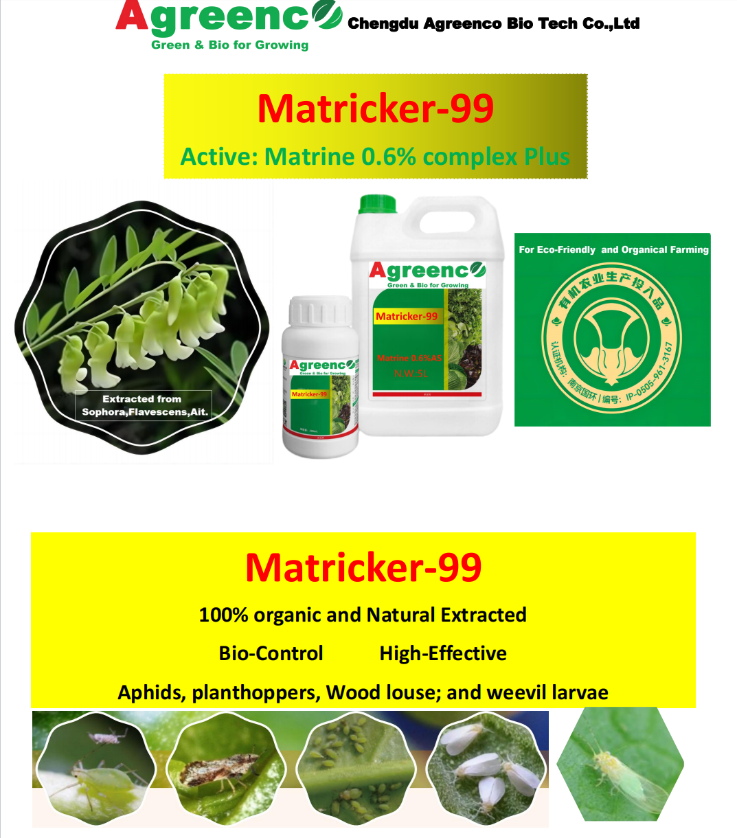 Matricker-99 (active : matrine 0.6% complex Bio insecticide),Agreenco Bio Tech Co.,LTD