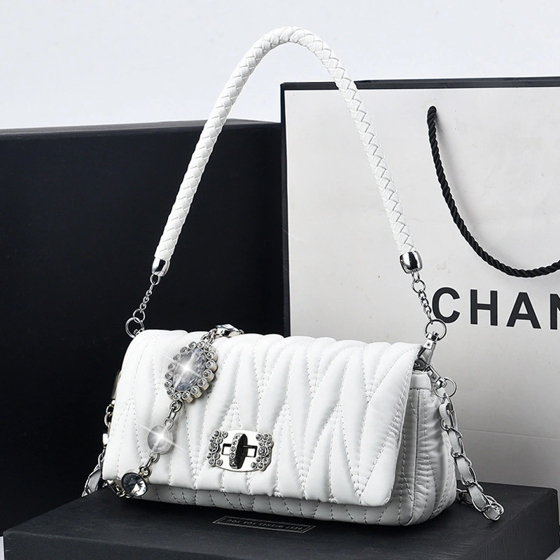 Leather women's bag new fashion all-match wrinkled sheepskin underarm bag rhinestone chain bag shoulder Messenger bag