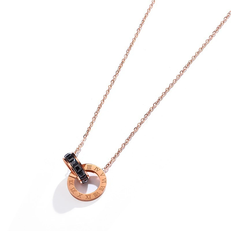 Rose Gold Necklace Women's Double Ring Pendant 18K Color Gold Clavicle Chain Platinum Set Chain Valentine's Day