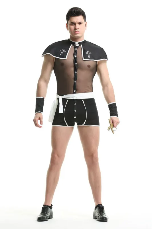 European and American Game Uniform Cosplay Sexy Perspective Priest Sexy Suit Men's Sexy Lingerie Sao Bag Clothing