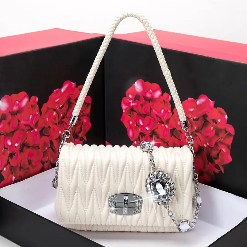 Leather women's bag new fashion all-match wrinkled sheepskin underarm bag rhinestone chain bag shoulder Messenger bag