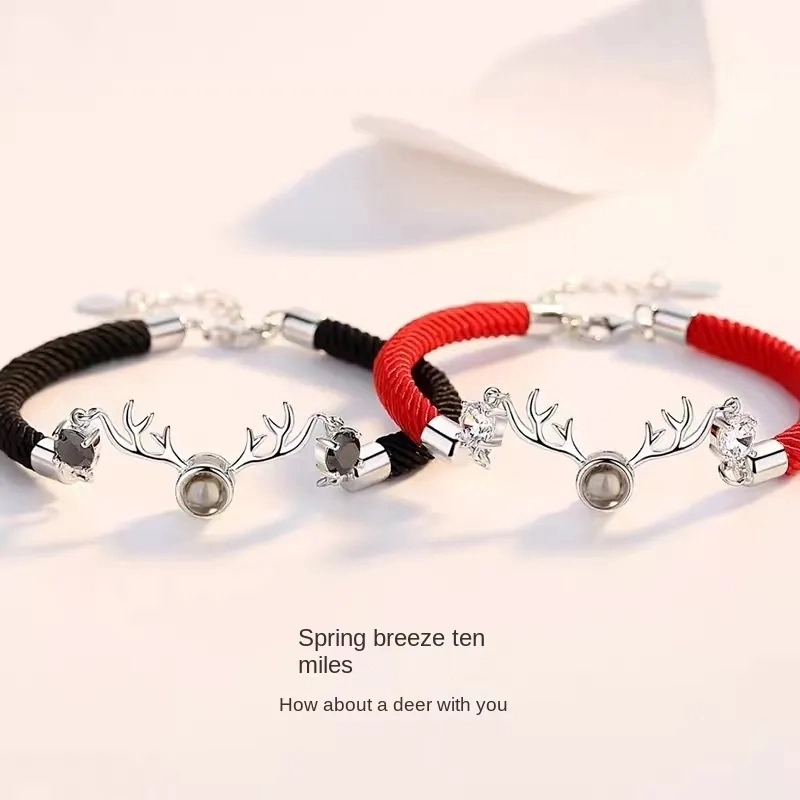 One deer has you projection sterling silver couple diamond bracelet I love you Japanese and Korean simple red rope antler bracelet