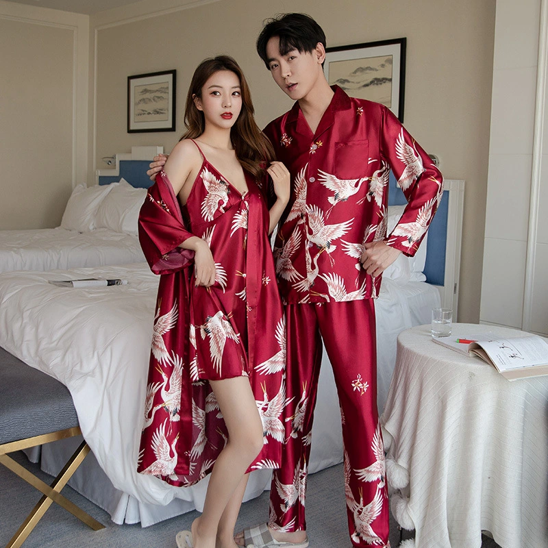 Couple pajamas spring and summer ice and snow silk print pajamas set crane couple wedding pajamas wedding red