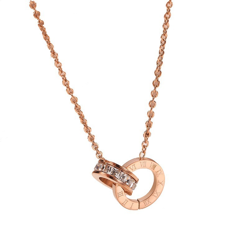 Rose Gold Necklace Women's Double Ring Pendant 18K Color Gold Clavicle Chain Platinum Set Chain Valentine's Day