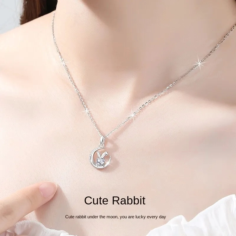 Diamond Moissanite Jade Rabbit Year Necklace Female Birth Year Pendant Clavicle Chain Birthday Valentine's Day Gift for Girlfriend
