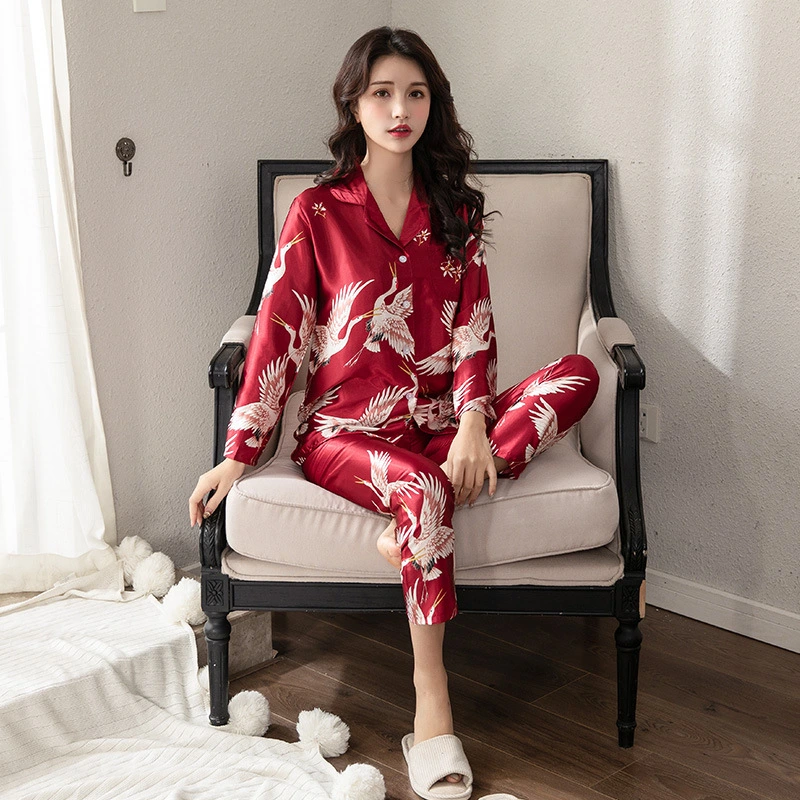 Couple pajamas spring and summer ice and snow silk print pajamas set crane couple wedding pajamas wedding red