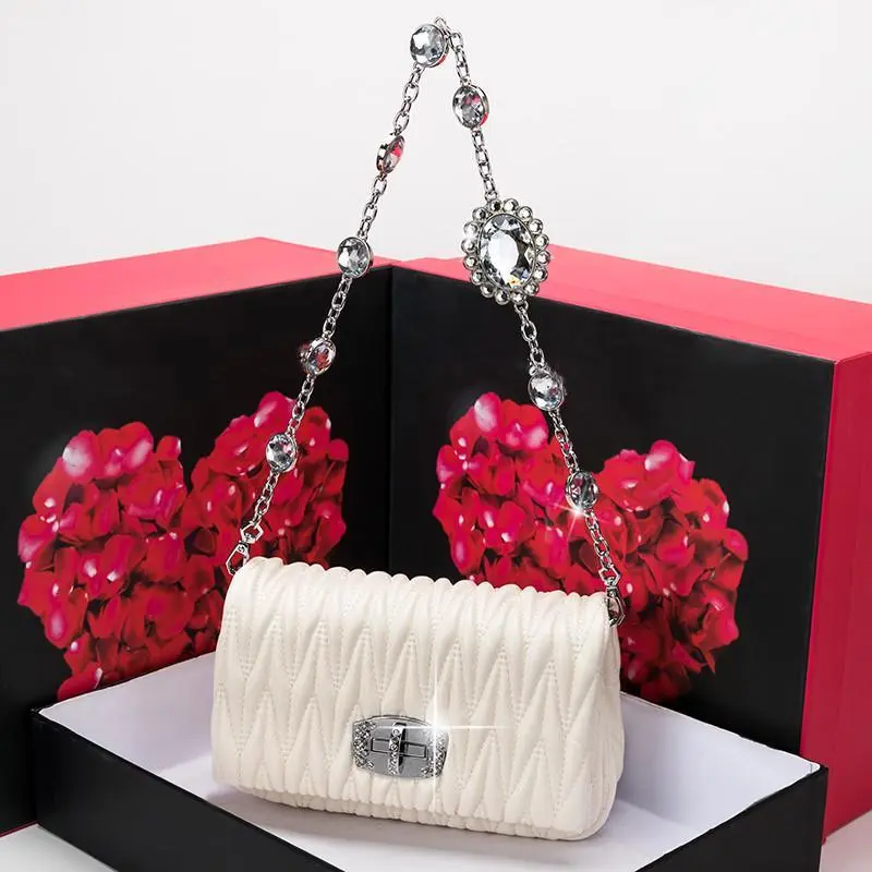 Leather women's bag new fashion all-match wrinkled sheepskin underarm bag rhinestone chain bag shoulder Messenger bag
