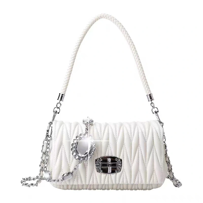 Leather women's bag new fashion all-match wrinkled sheepskin underarm bag rhinestone chain bag shoulder Messenger bag