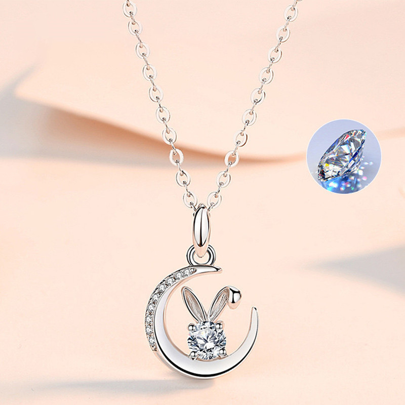Diamond Moissanite Jade Rabbit Year Necklace Female Birth Year Pendant Clavicle Chain Birthday Valentine's Day Gift for Girlfriend
