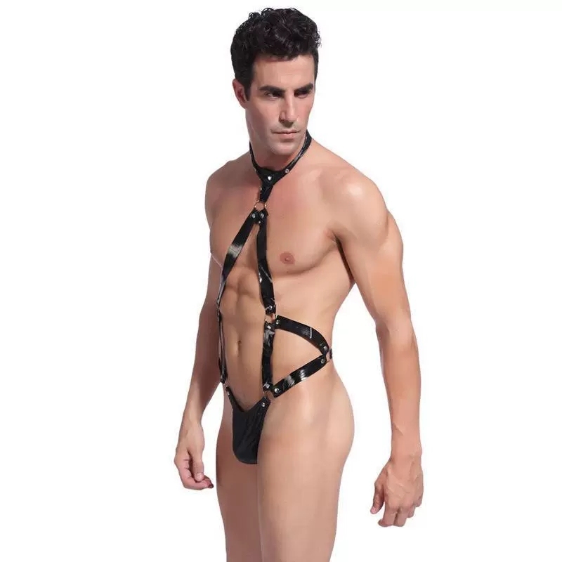 European and American sources European and American new sexy lingerie sexy men's hanging neck conjoined three-point patent leather
