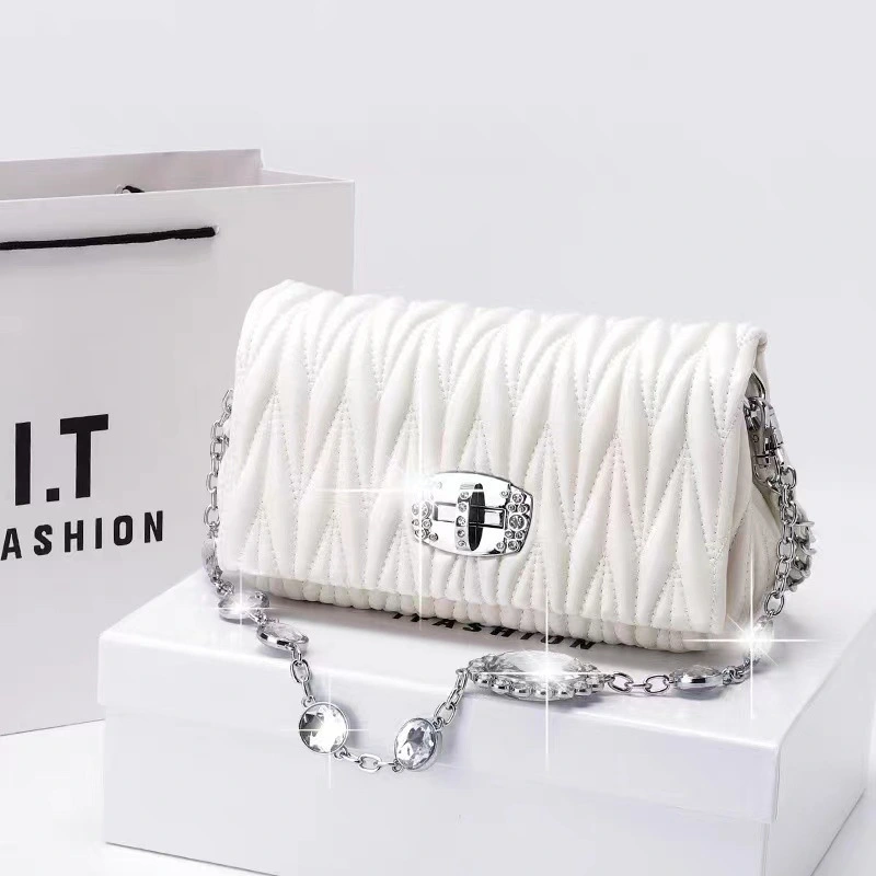 Leather women's bag new fashion all-match wrinkled sheepskin underarm bag rhinestone chain bag shoulder Messenger bag