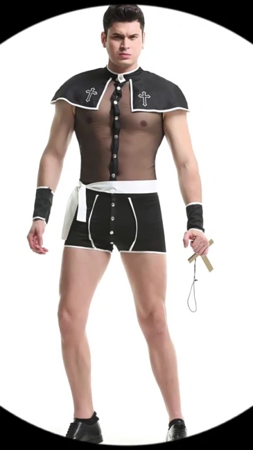 European and American Game Uniform Cosplay Sexy Perspective Priest Sexy Suit Men's Sexy Lingerie Sao Bag Clothing