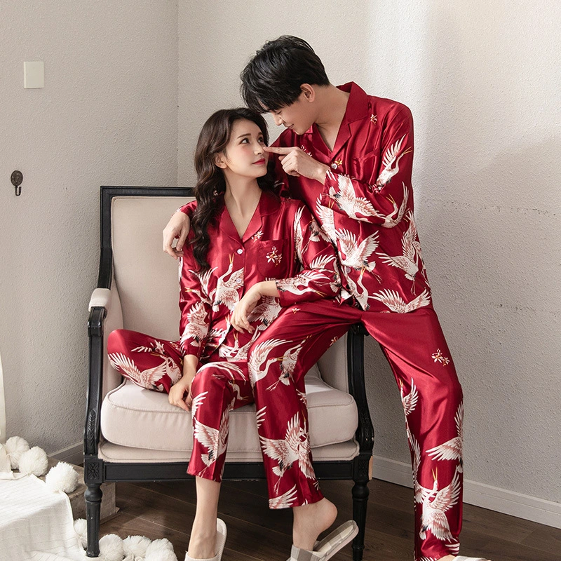 Couple pajamas spring and summer ice and snow silk print pajamas set crane couple wedding pajamas wedding red